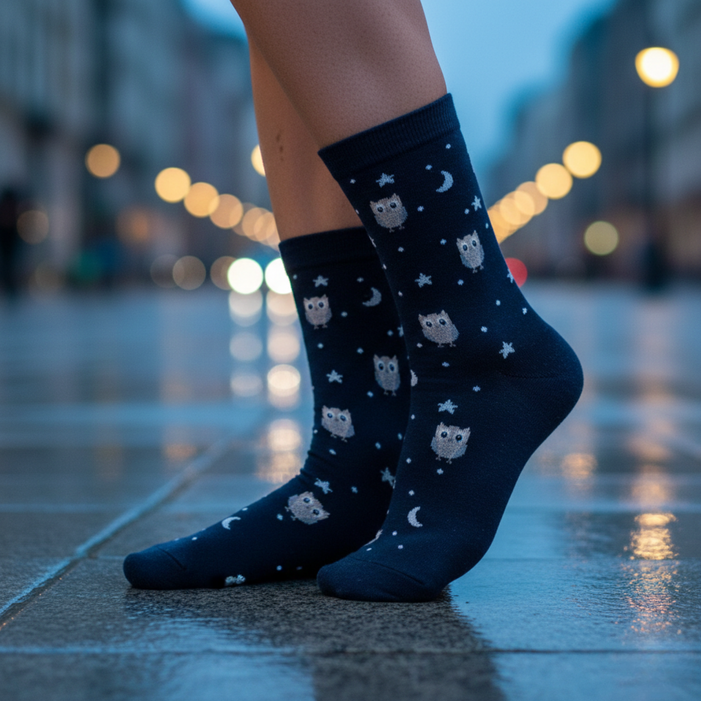 Gece Baykuşları Desenli Lacivert Çorap