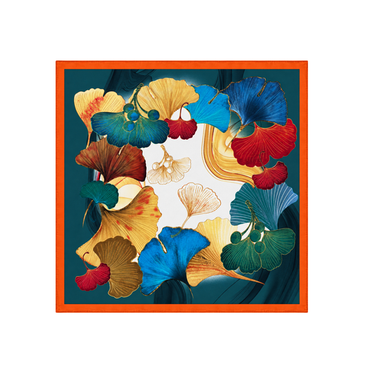 Gece Yaprakları turuncu ipek fular – 70x70 cm – modern botanik desenli ürün görseli