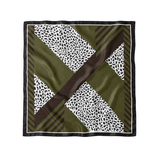 Geometrik Leopar Haki 70x70 cm ipek fular – geometrik çizgiler ve leopar desenini buluşturan Soul of Anatolia tasarımı