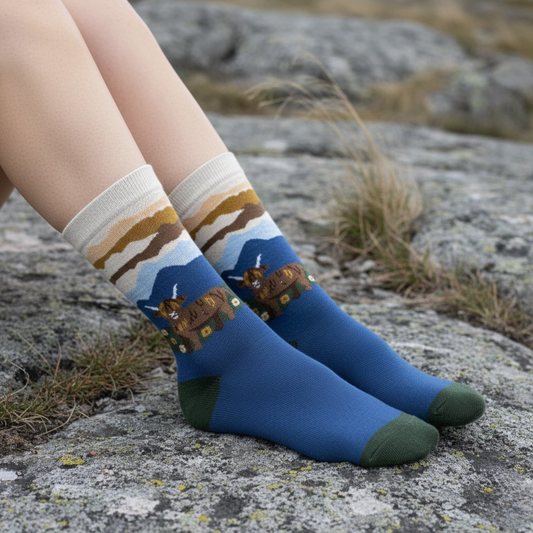 Dağ manzaralı ve Highland Cow desenli mavi pamuklu soket çorap.
