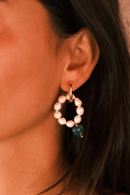 Vintage Yeşim Kalp Doğal Taş Barok İnci Tasarım Küpe