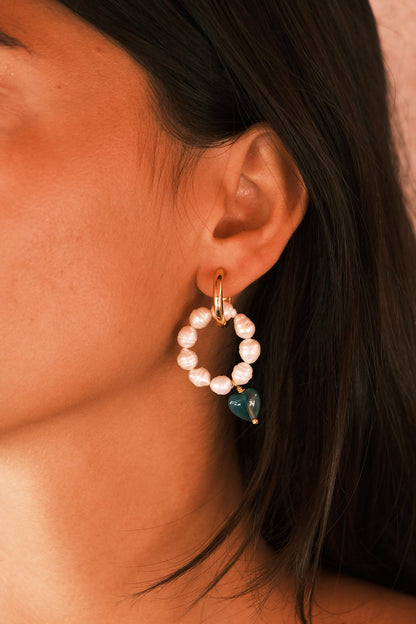 Vintage Yeşim Kalp Doğal Taş Barok İnci Tasarım Küpe