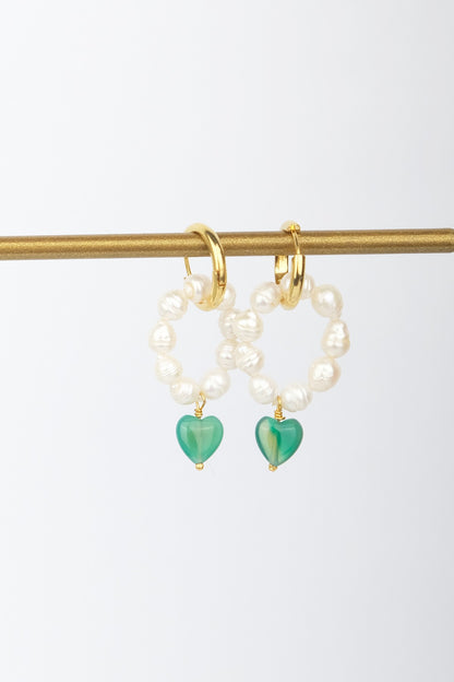 Vintage Yeşim Kalp Doğal Taş Barok İnci Tasarım Küpe