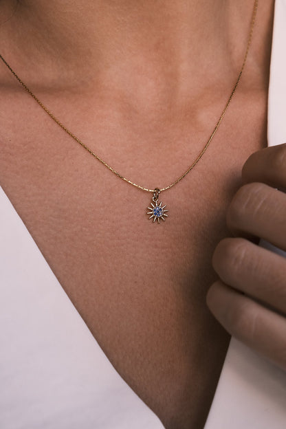 Mini-Sun Lacivert Zirkon Taşlı Minimal Güneş Figürlü Altın Kaplama Kolye