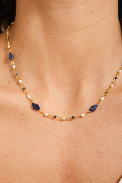 Lapis Lazuli İnci Mix Kristal Doğal Taş Tel Sarma Kolye
