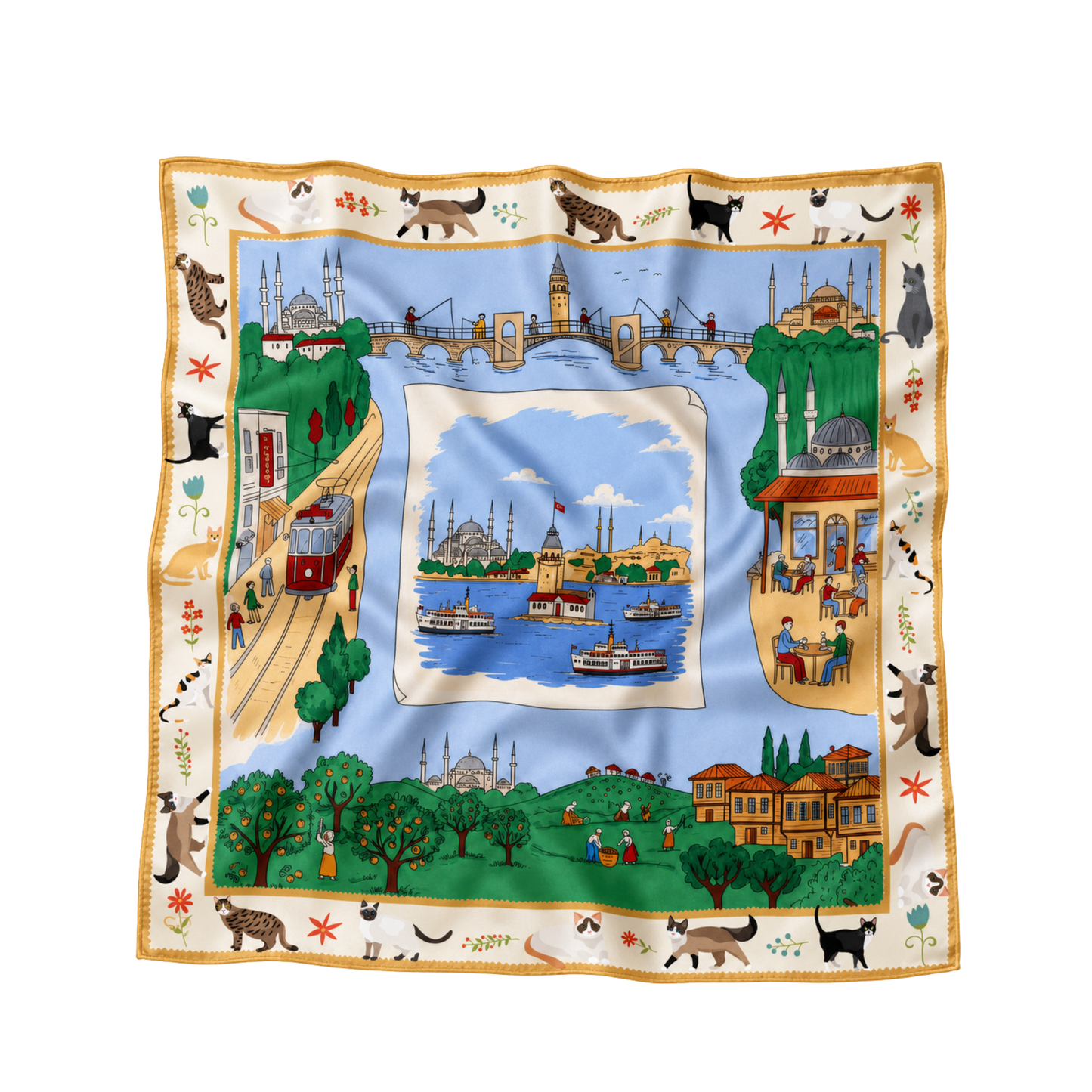 İstanbul Albümü kum beji 68x68 cm ipek fular, vapur, tramvay, cami, tarihi İstanbul evleri ve kedi desenli tasarım
