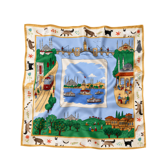 İstanbul Albümü kum beji 68x68 cm ipek fular, vapur, tramvay, cami, tarihi İstanbul evleri ve kedi desenli tasarım