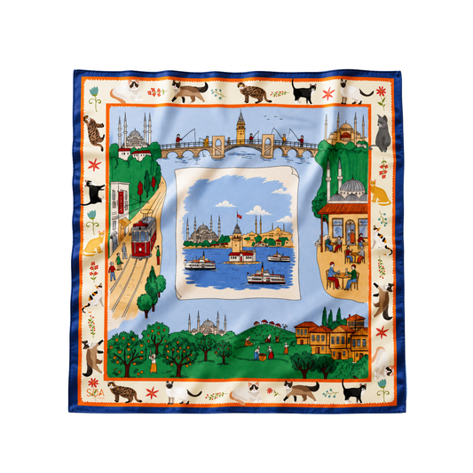 İstanbul Albümü lacivert 68x68 cm ipek fular, Boğaz, vapur, Kız Kulesi, Galata Kulesi ve kedi desenli tasarım