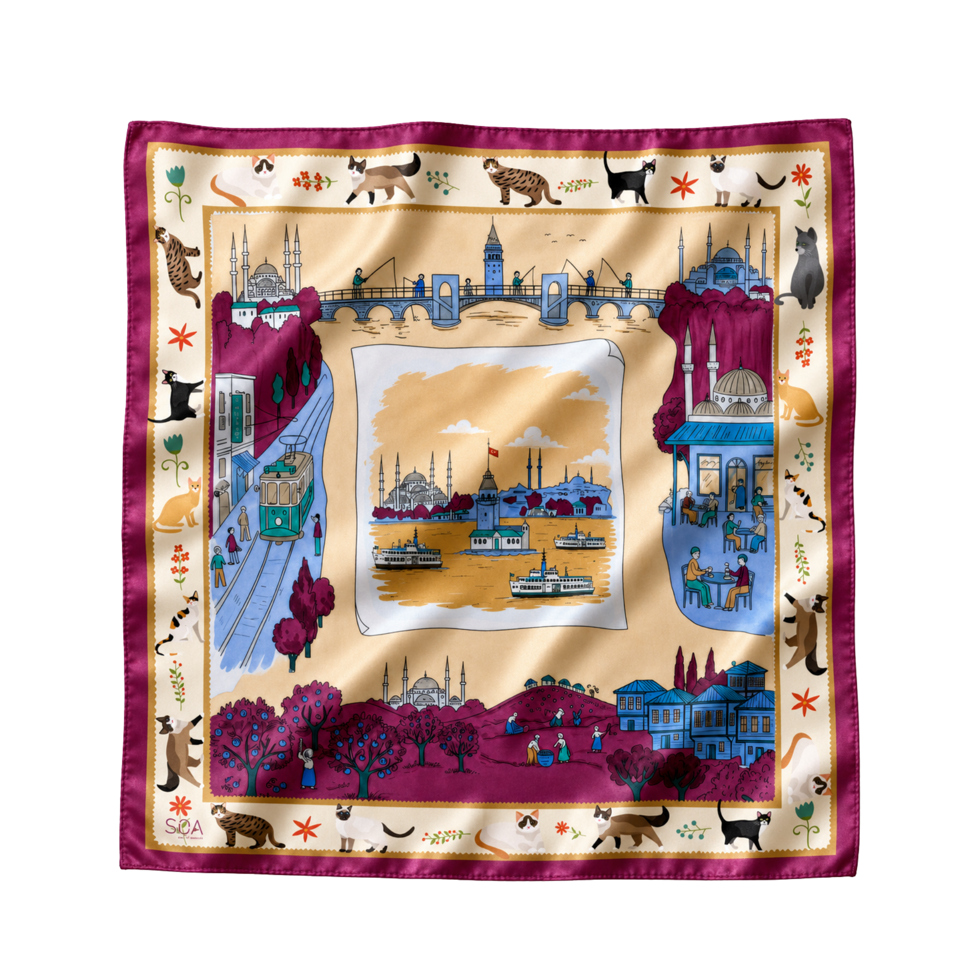 İstanbul Albümü mürdüm 68x68 cm ipek fular, Galata Kulesi, Boğaz, vapur, tramvay ve kedi desenli tasarım