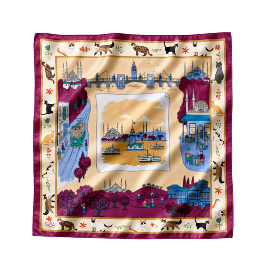 İstanbul Albümü mürdüm 68x68 cm ipek fular, Galata Kulesi, Boğaz, vapur, tramvay ve kedi desenli tasarım
