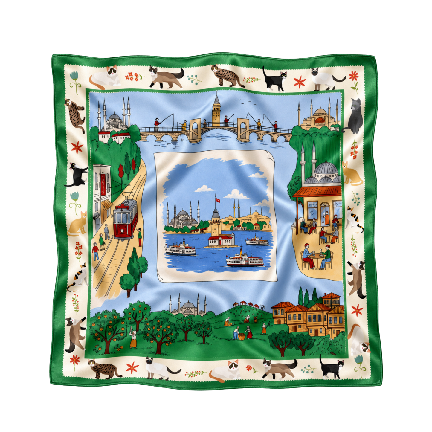 İstanbul Albümü yeşil 68x68 cm ipek fular, İstanbul koruları, tramvay, vapur, tarihi evler ve kedi desenli tasarım