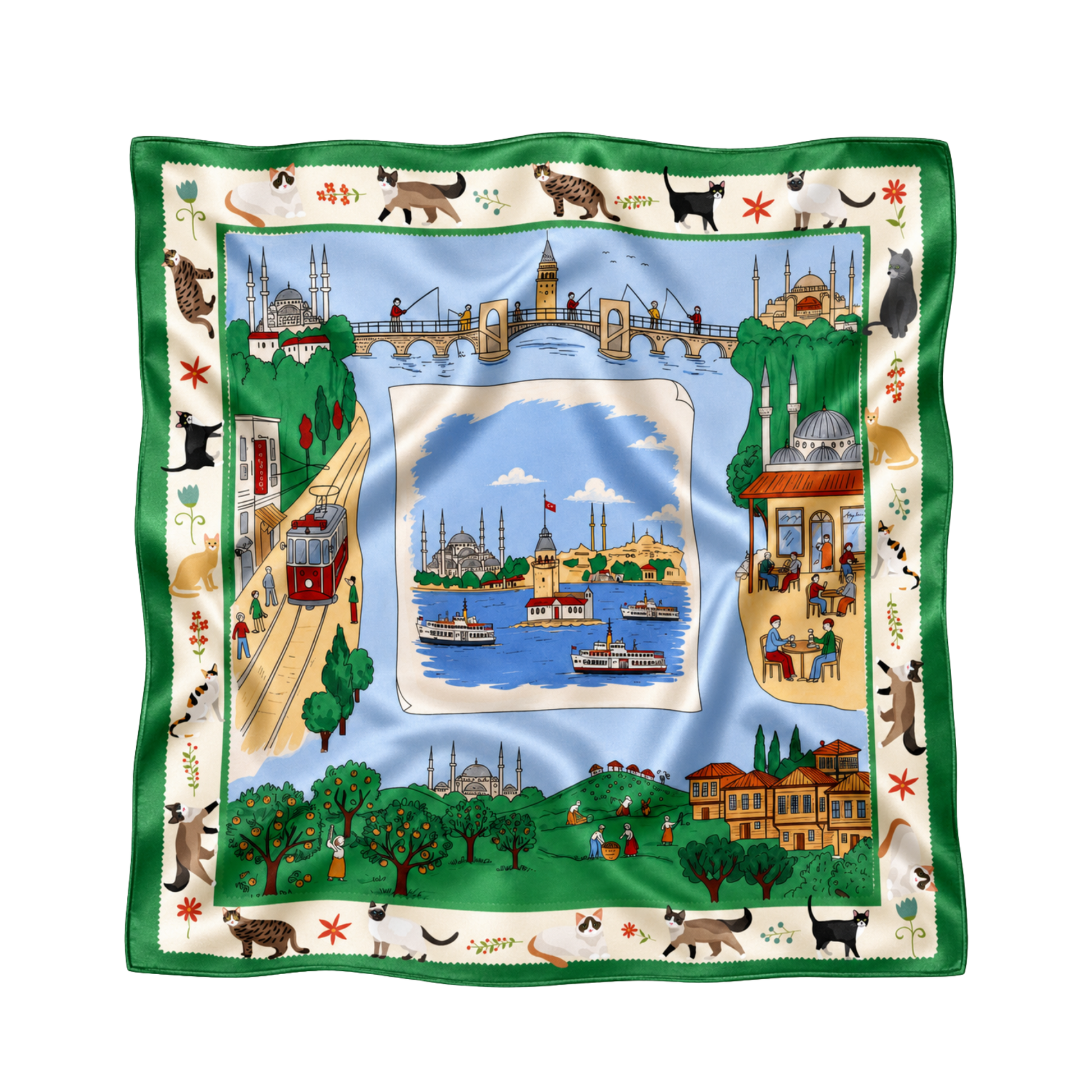 İstanbul Albümü yeşil 68x68 cm ipek fular, İstanbul koruları, tramvay, vapur, tarihi evler ve kedi desenli tasarım