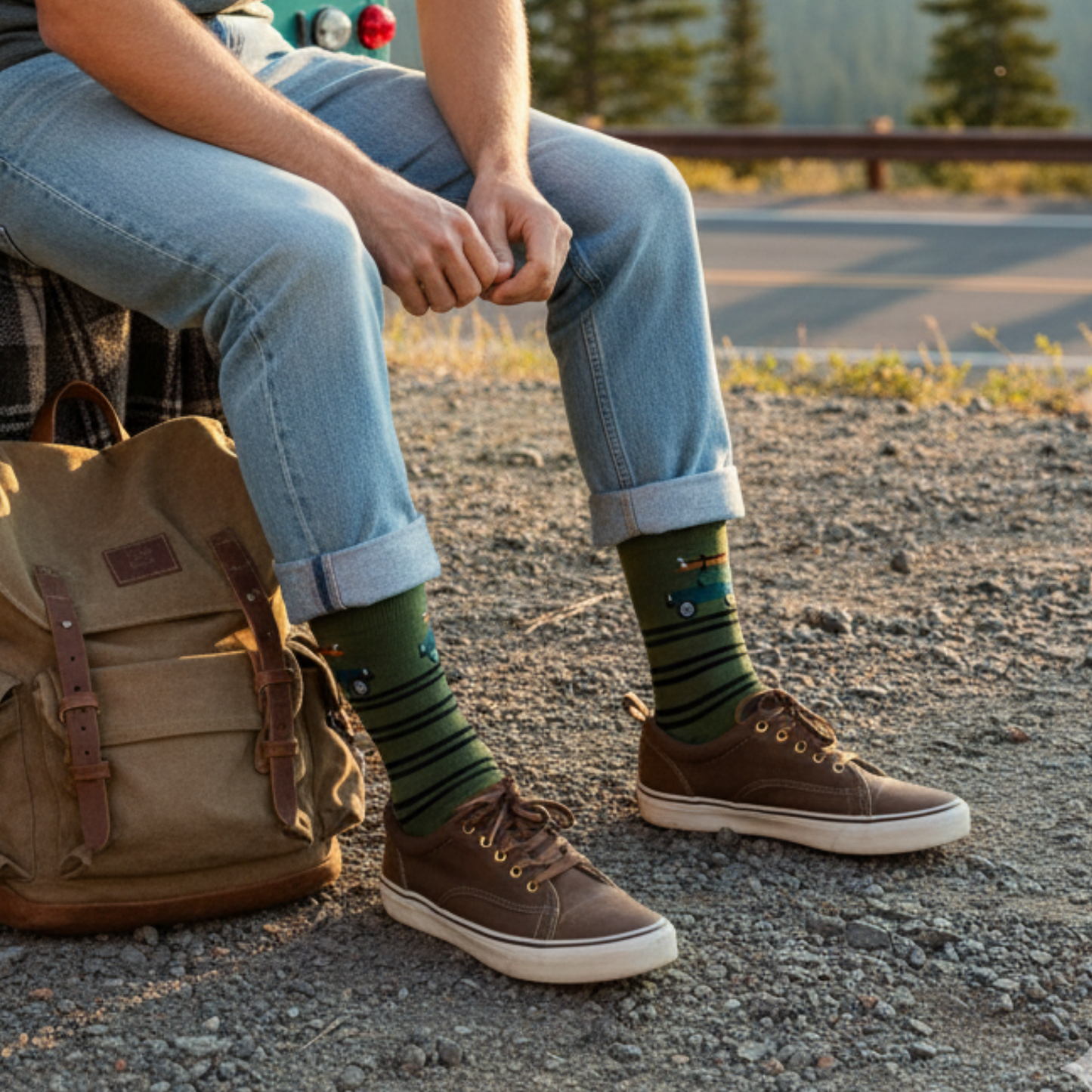 Yeşil çizgili zemin üzerinde tavanında sörf tahtası taşıyan jip motifli soket çorap