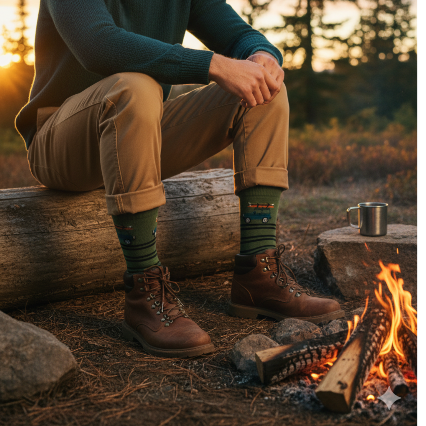 Yeşil çizgili zemin üzerinde tavanında sörf tahtası taşıyan jip motifli soket çorap