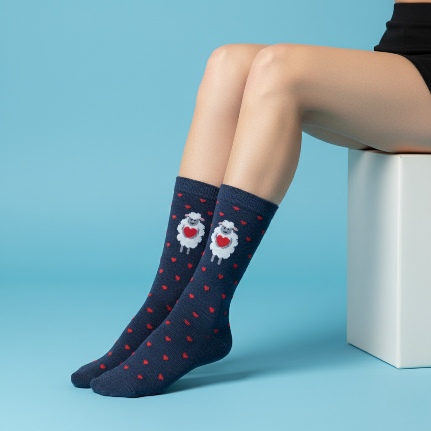 Lacivert zemin üzerine kırmızı kalpli desenler ve kalp tutan koyun figürü bulunan çorap