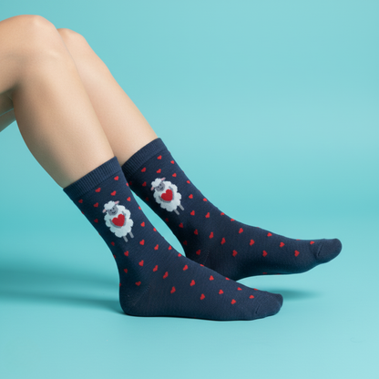 Lacivert zemin üzerine kırmızı kalpli desenler ve kalp tutan koyun figürü bulunan çorap