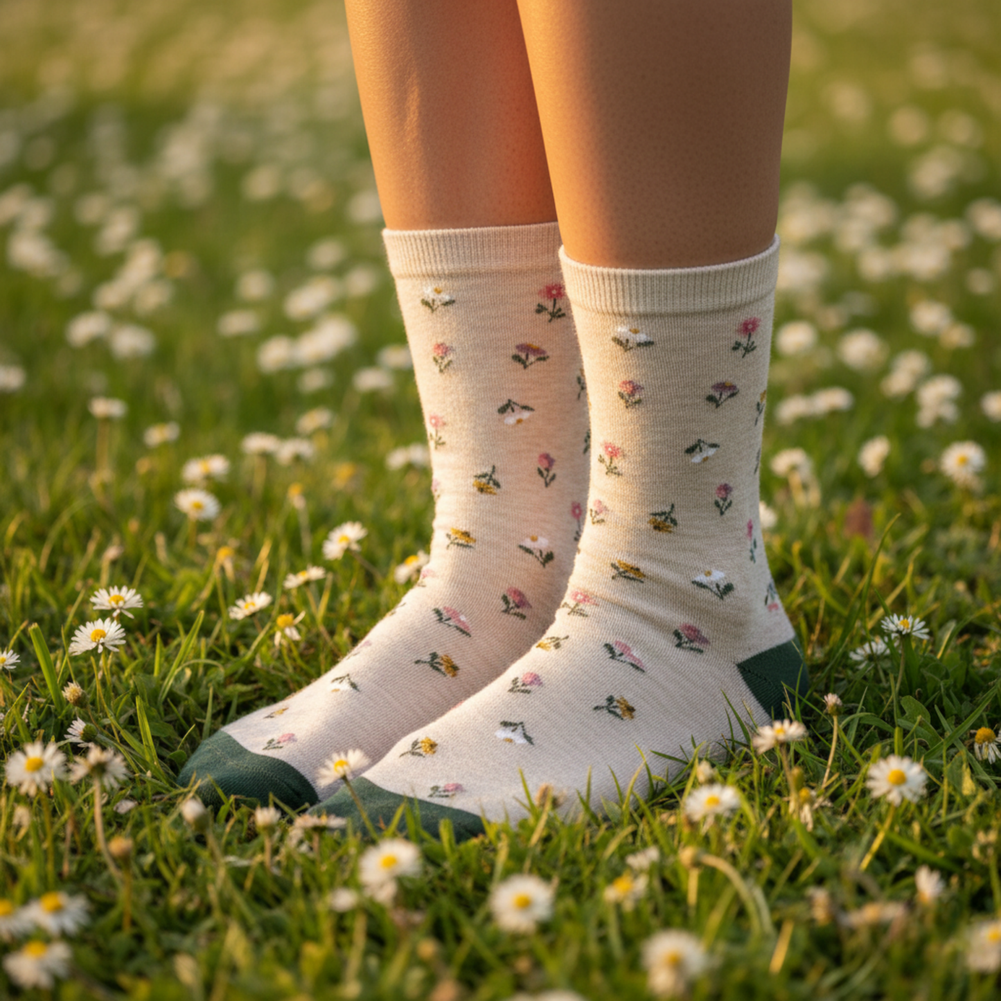 Bej zeminli kır çiçekleri desenli pamuklu çorap