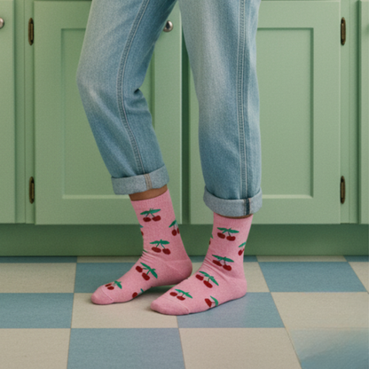 Pembe zeminli, kırmızı kiraz ve yeşil yaprak desenli kadın soket çorap — pamuklu, yumuşak ve renkli yapı