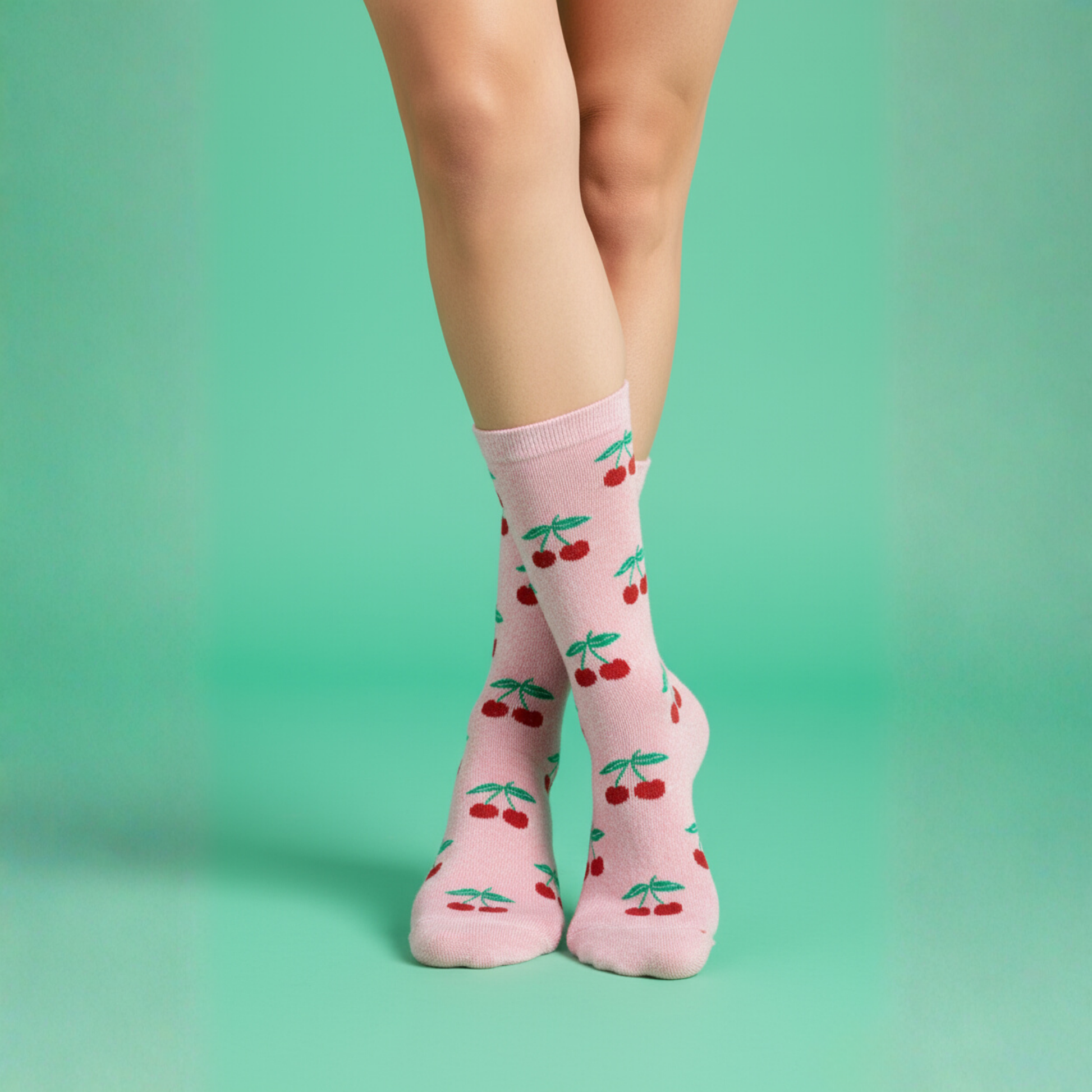 Pembe zeminli, kırmızı kiraz ve yeşil yaprak desenli kadın soket çorap — pamuklu, yumuşak ve renkli yapı