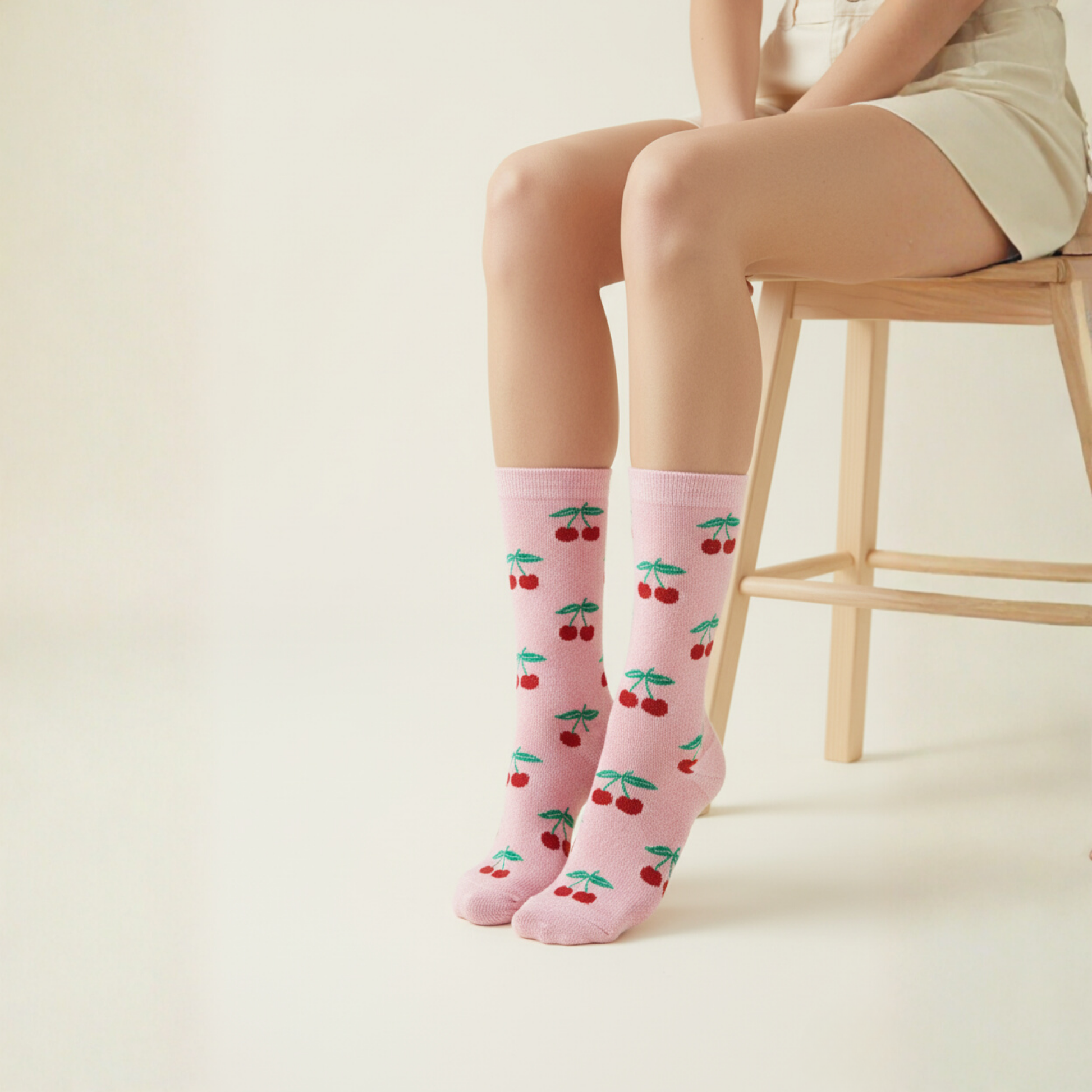 Pembe zeminli, kırmızı kiraz ve yeşil yaprak desenli kadın soket çorap — pamuklu, yumuşak ve renkli yapı