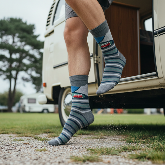 kırmızı karavan desenli gri çizgili çorap, dağ manzaralı pamuk çorap modeli