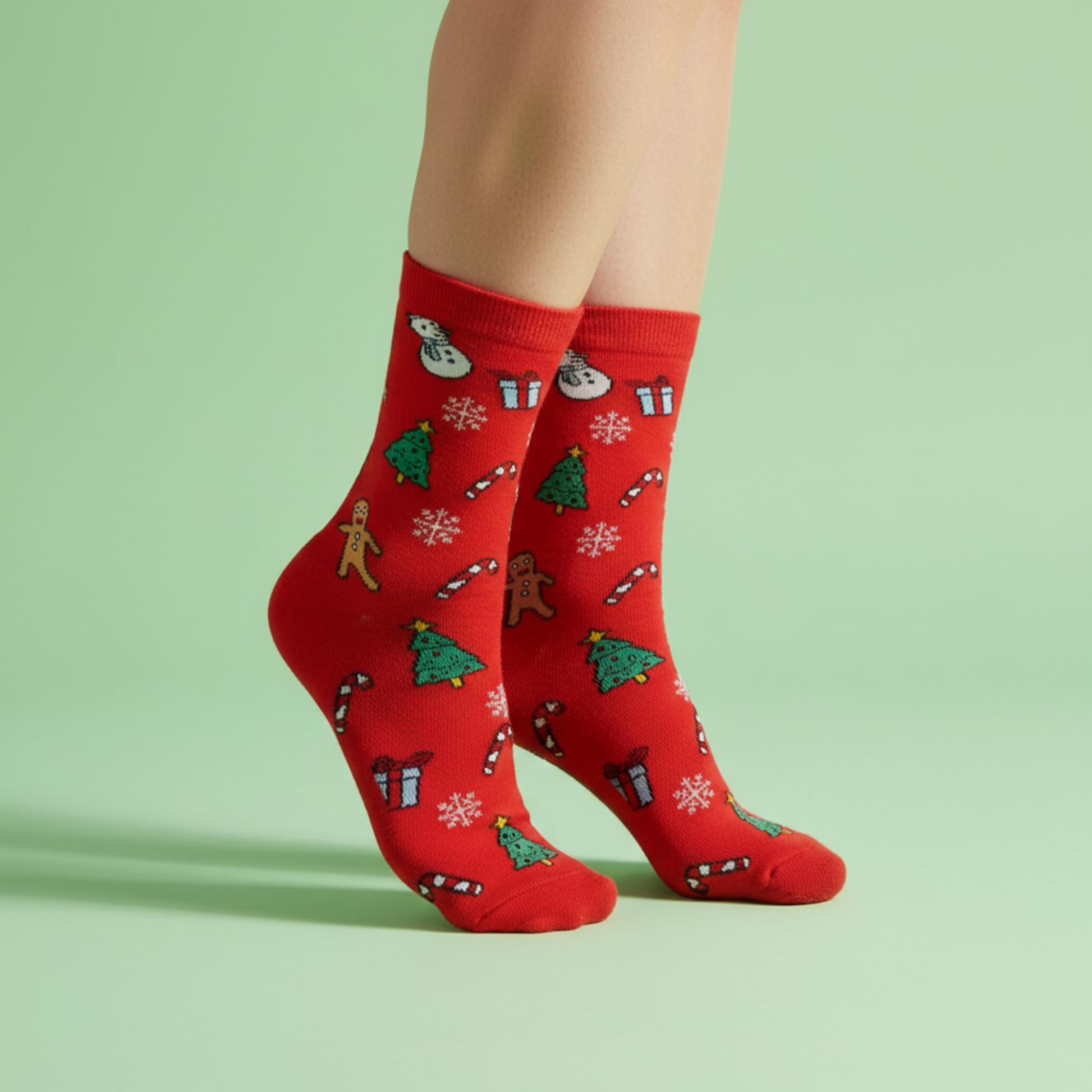 Kırmızı zemin üzerinde yılbaşı sembolleri—ağaç, şeker kamışı, hediye, gingerbread ve kardan adam desenli soket çorap.