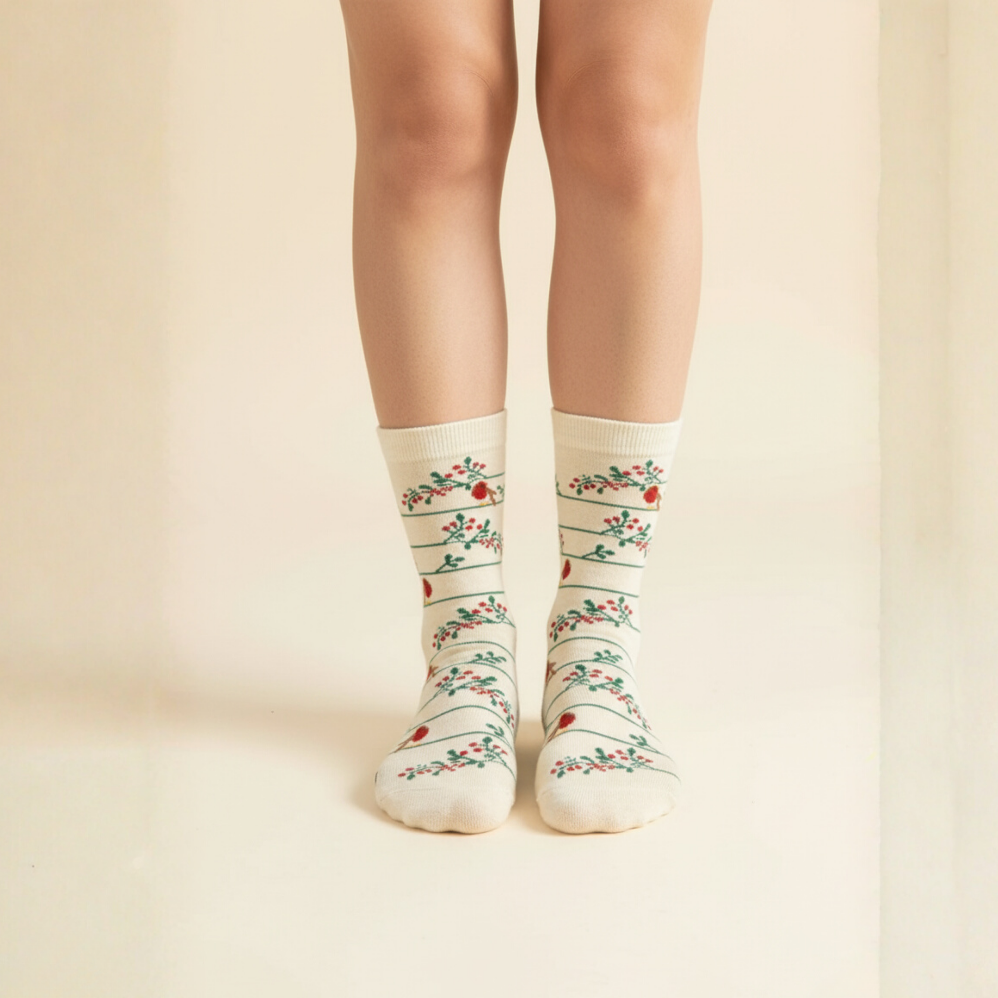 Krem renkli, çizgili ve kırmızı çiçek desenli kadın soket çorap — pamuklu ve zarif tasarım