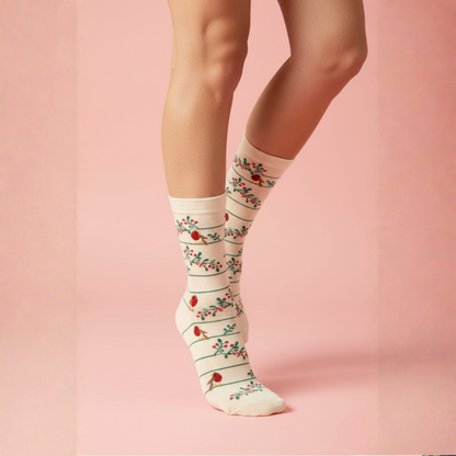 Krem renkli, çizgili ve kırmızı çiçek desenli kadın soket çorap — pamuklu ve zarif tasarım
