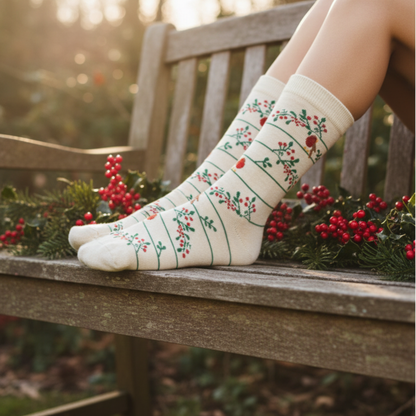 Krem renkli, çizgili ve kırmızı çiçek desenli kadın soket çorap — pamuklu ve zarif tasarım