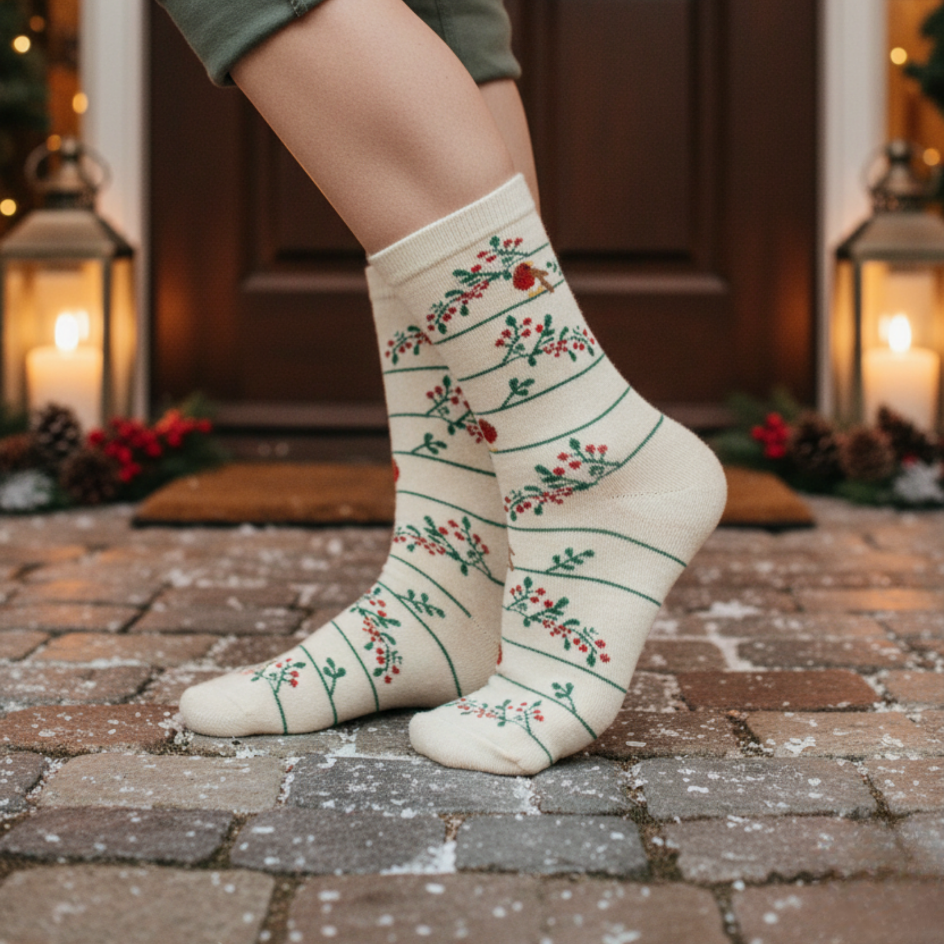 Krem renkli, çizgili ve kırmızı çiçek desenli kadın soket çorap — pamuklu ve zarif tasarım