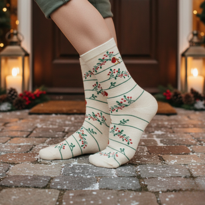 Krem renkli, çizgili ve kırmızı çiçek desenli kadın soket çorap — pamuklu ve zarif tasarım