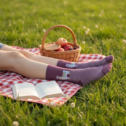 Gül kurusu zeminli, çizgili tasarımda lama desenli pamuklu soket çorap.