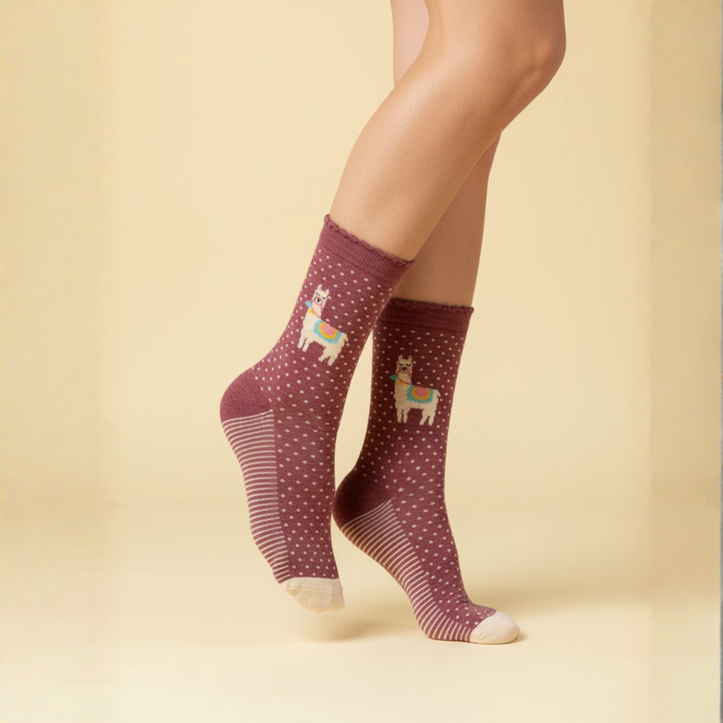 Gül kurusu puantiyeli zemin üzerinde renkli semerli lama motifli, krem burun ve çizgili tabanlı soket çorap.