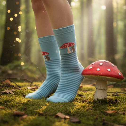 Mavi çizgili zeminde kırmızı mantar ve sevimli fare desenli pamuklu soket çorap.