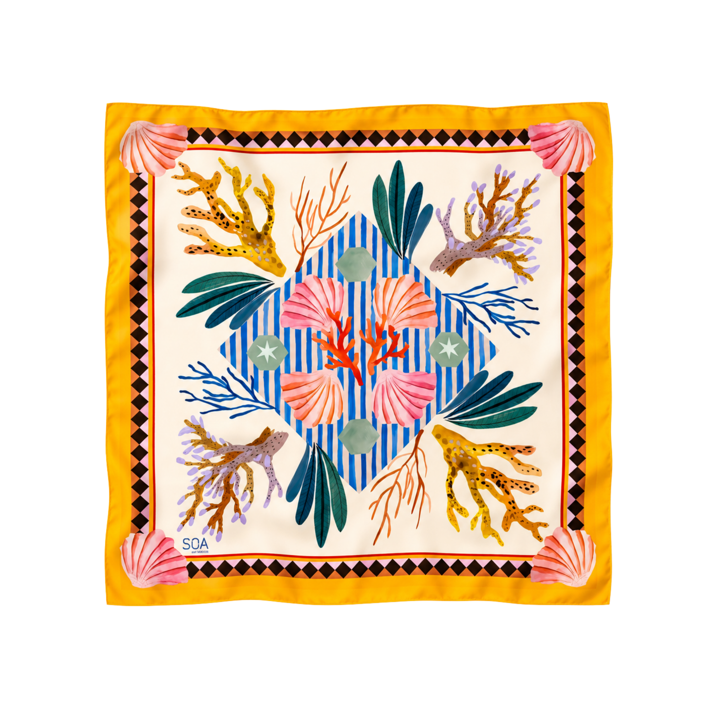 Mercan Bahçesi 68x68 cm ipek fular – mercan ve deniz kabuğu desenli sarı kadın fuları, Soul of Anatolia tasarımı