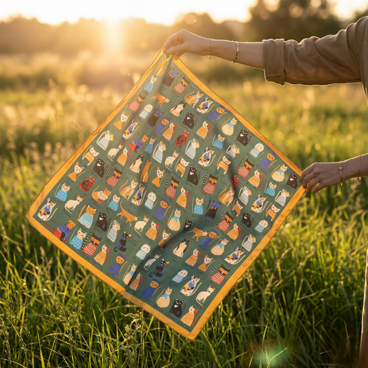 Neşeli Kediler Fular – Yeşil | 68 cm x 68 cm