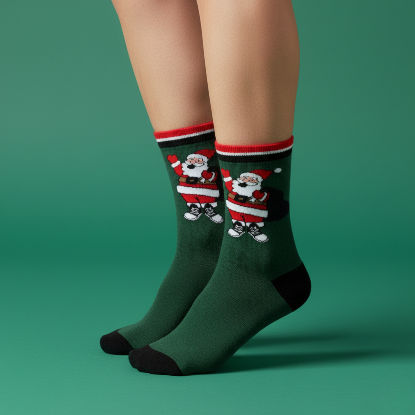 Yeşil zemin üzerinde Noel Baba desenli soket çorap — yılbaşı temalı, pamuklu ve rahat tasarım.