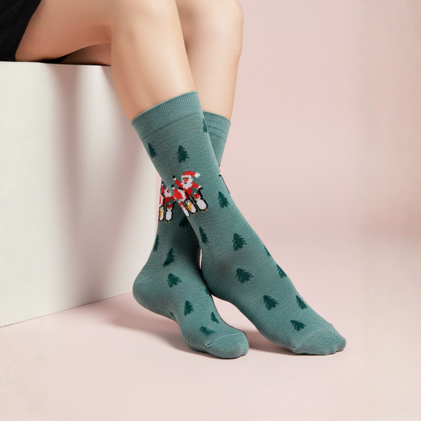 Yeşil zeminli, Noel Baba ve penguen desenli yılbaşı temalı soket çorap — pamuklu ve rahat tasarım