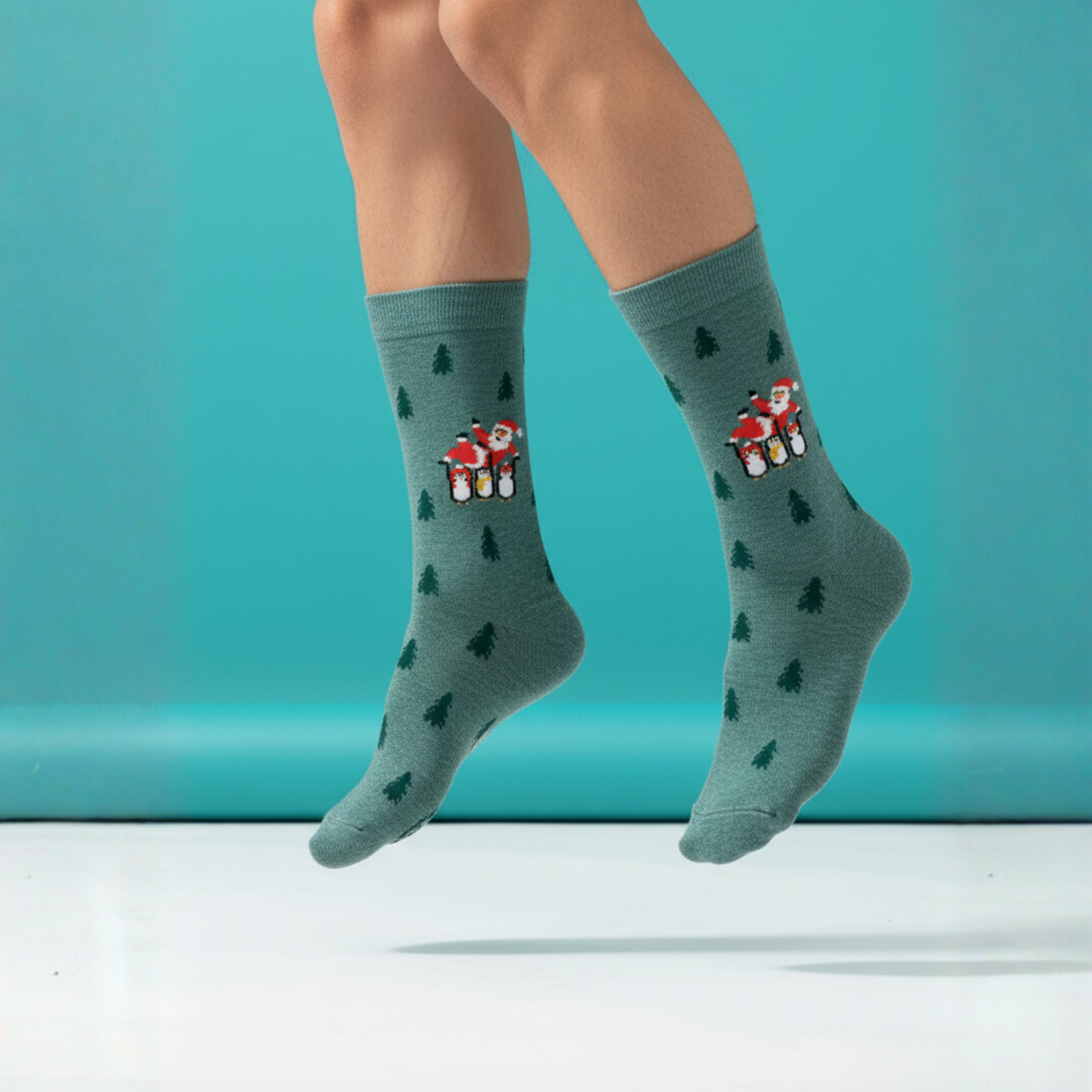 Yeşil zeminli, Noel Baba ve penguen desenli yılbaşı temalı soket çorap — pamuklu ve rahat tasarım
