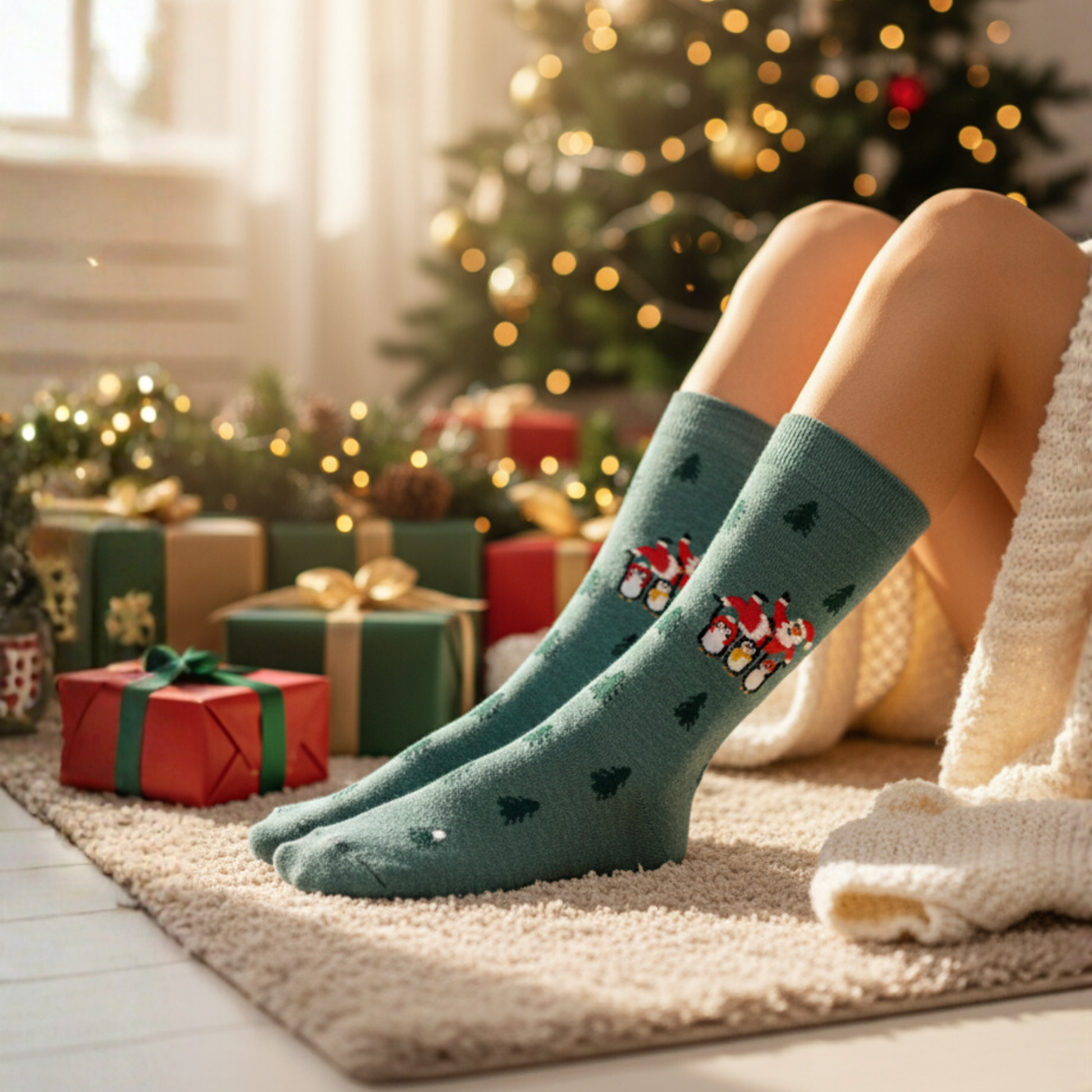 Yeşil zeminli, Noel Baba ve penguen desenli yılbaşı temalı soket çorap — pamuklu ve rahat tasarım