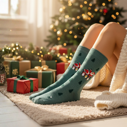 Yeşil zeminli, Noel Baba ve penguen desenli yılbaşı temalı soket çorap — pamuklu ve rahat tasarım