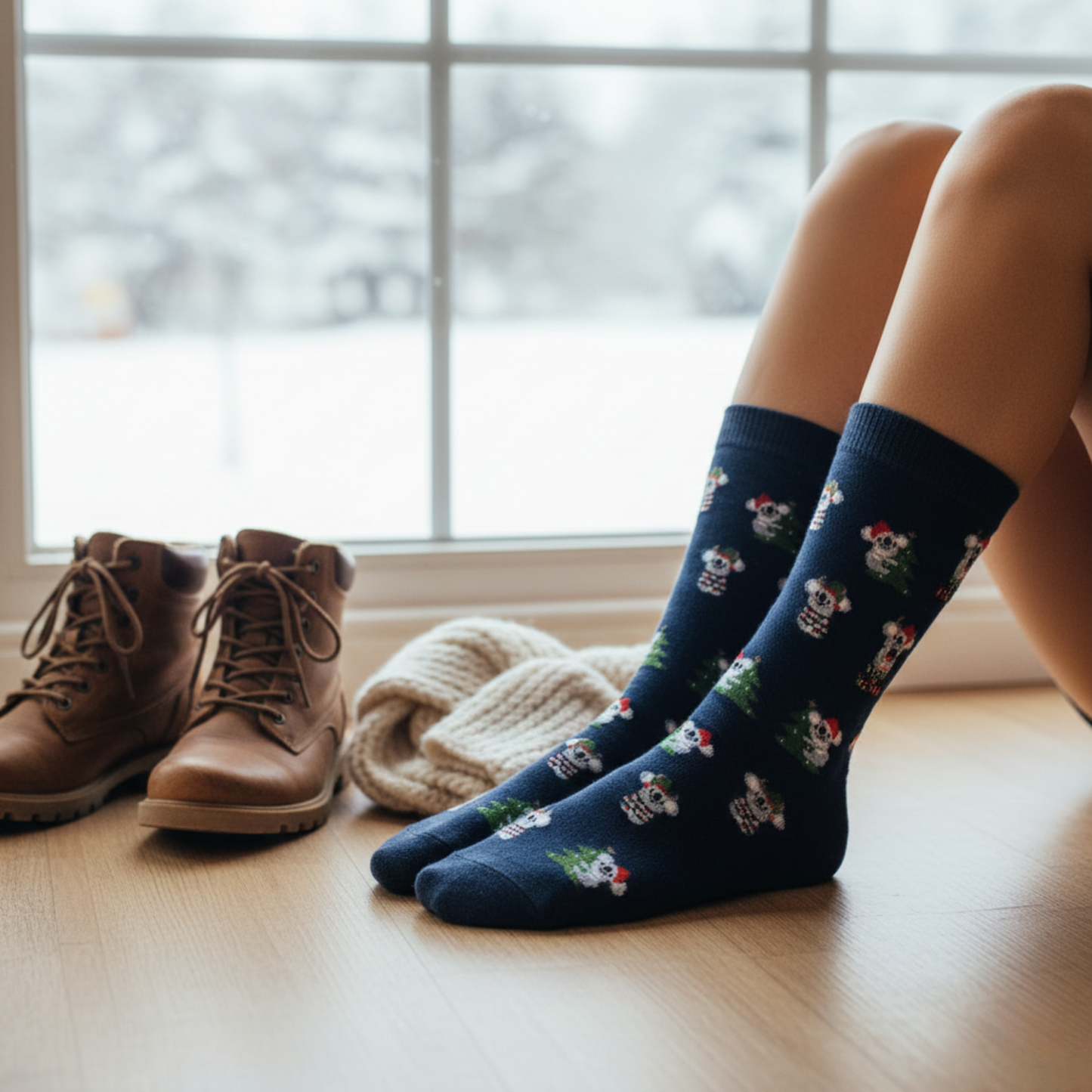 Noel koalası ve çam ağacı desenli, lacivert yılbaşı temalı çorap