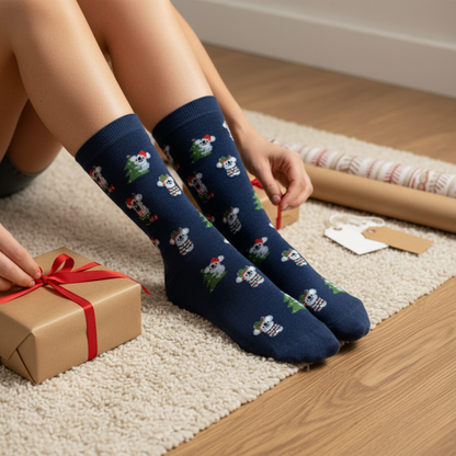 Noel koalası ve çam ağacı desenli, lacivert yılbaşı temalı çorap