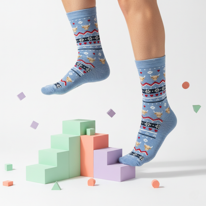 Açık mavi zemin üzerinde nordik boğa ve kar tanesi desenli pamuklu çorap