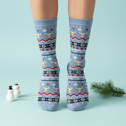 Açık mavi zemin üzerinde nordik boğa ve kar tanesi desenli pamuklu çorap