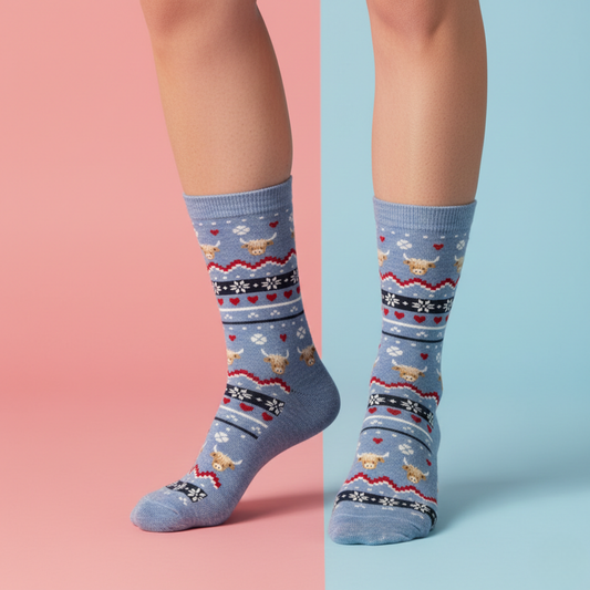 Açık mavi zemin üzerinde nordik boğa ve kar tanesi desenli pamuklu çorap