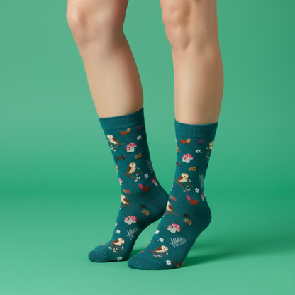 Yeşil zemin üzerinde baykuş, mantar ve yaprak desenli pamuklu soket çorap.