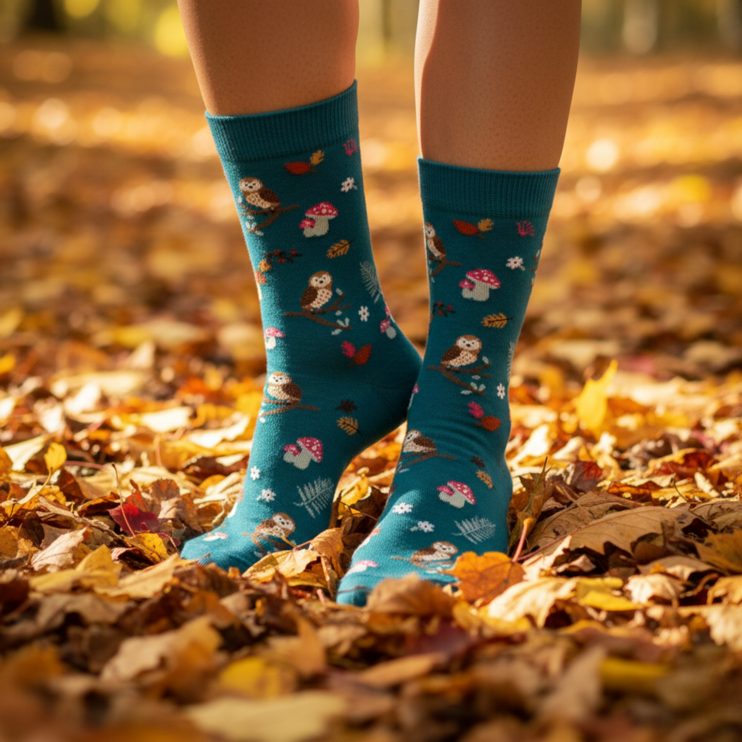 Yeşil zemin üzerinde baykuş, mantar ve yaprak desenli pamuklu soket çorap.