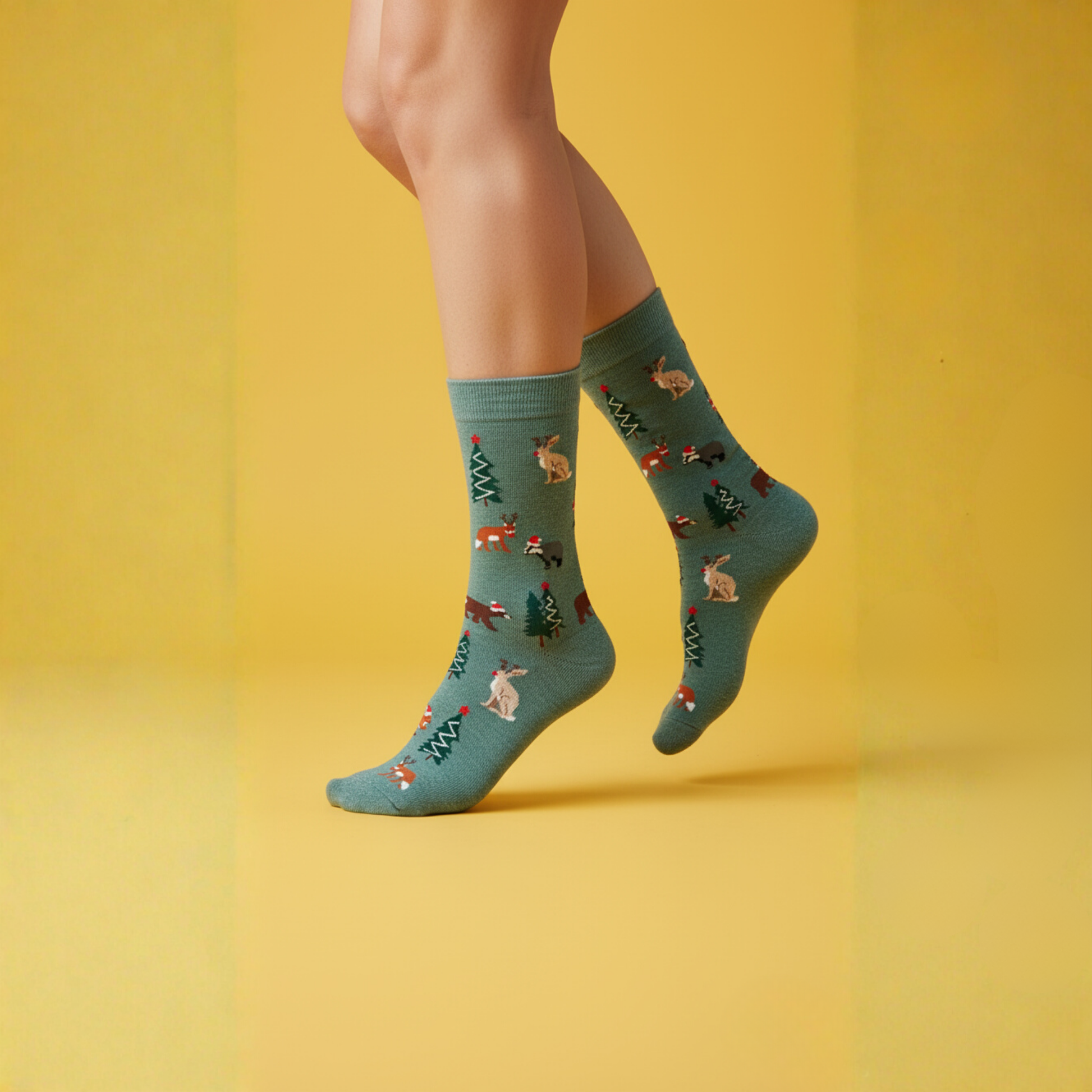 Yeşil zeminli, geyik ve çam ağacı desenli yılbaşı temalı soket çorap — pamuklu ve konforlu tasarım