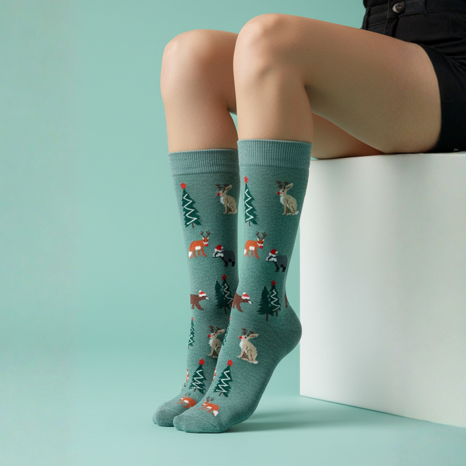 Yeşil zeminli, geyik ve çam ağacı desenli yılbaşı temalı soket çorap — pamuklu ve konforlu tasarım